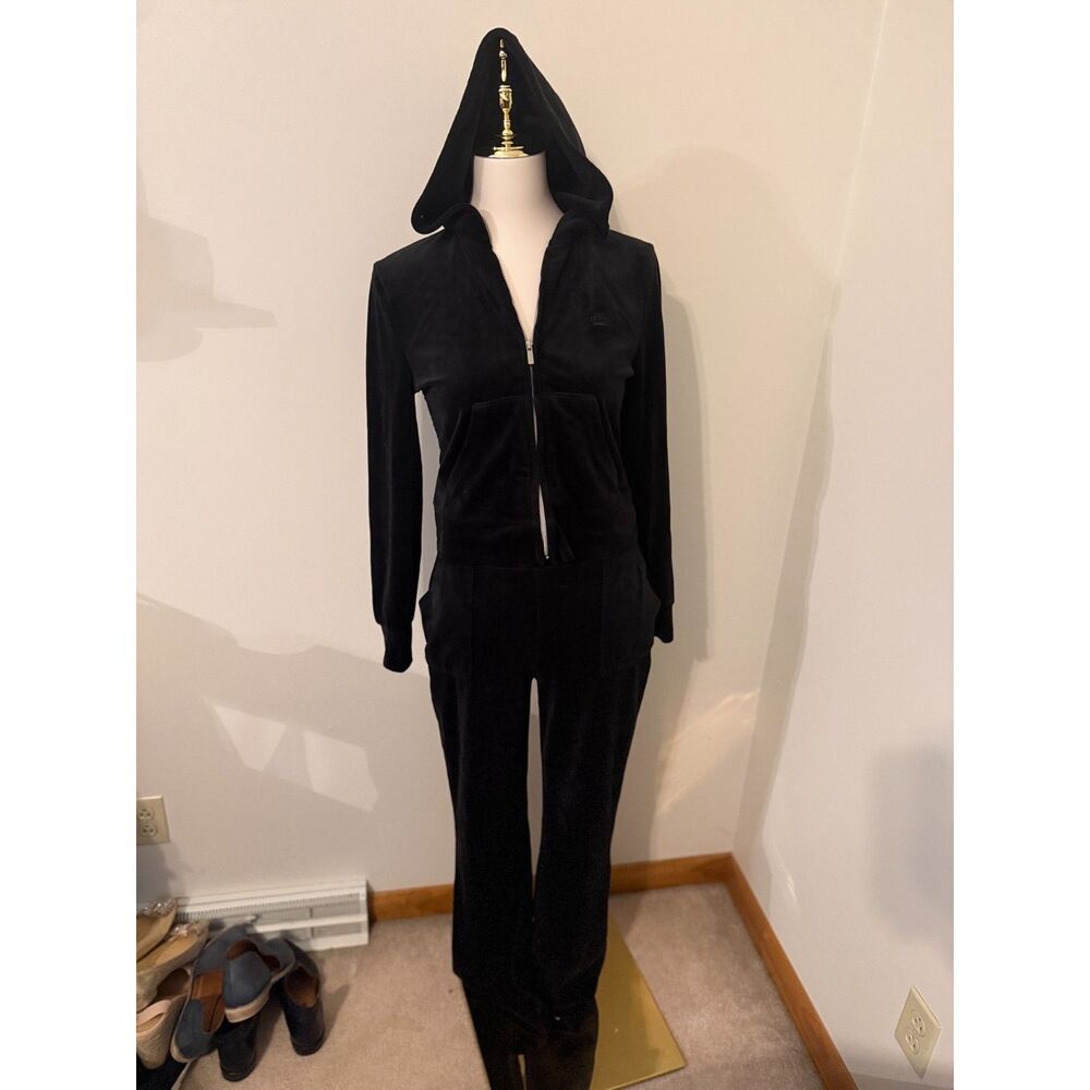 Juicy by Juicy Couture Black Velour Tracksuit Set Hoodie Pants Size S